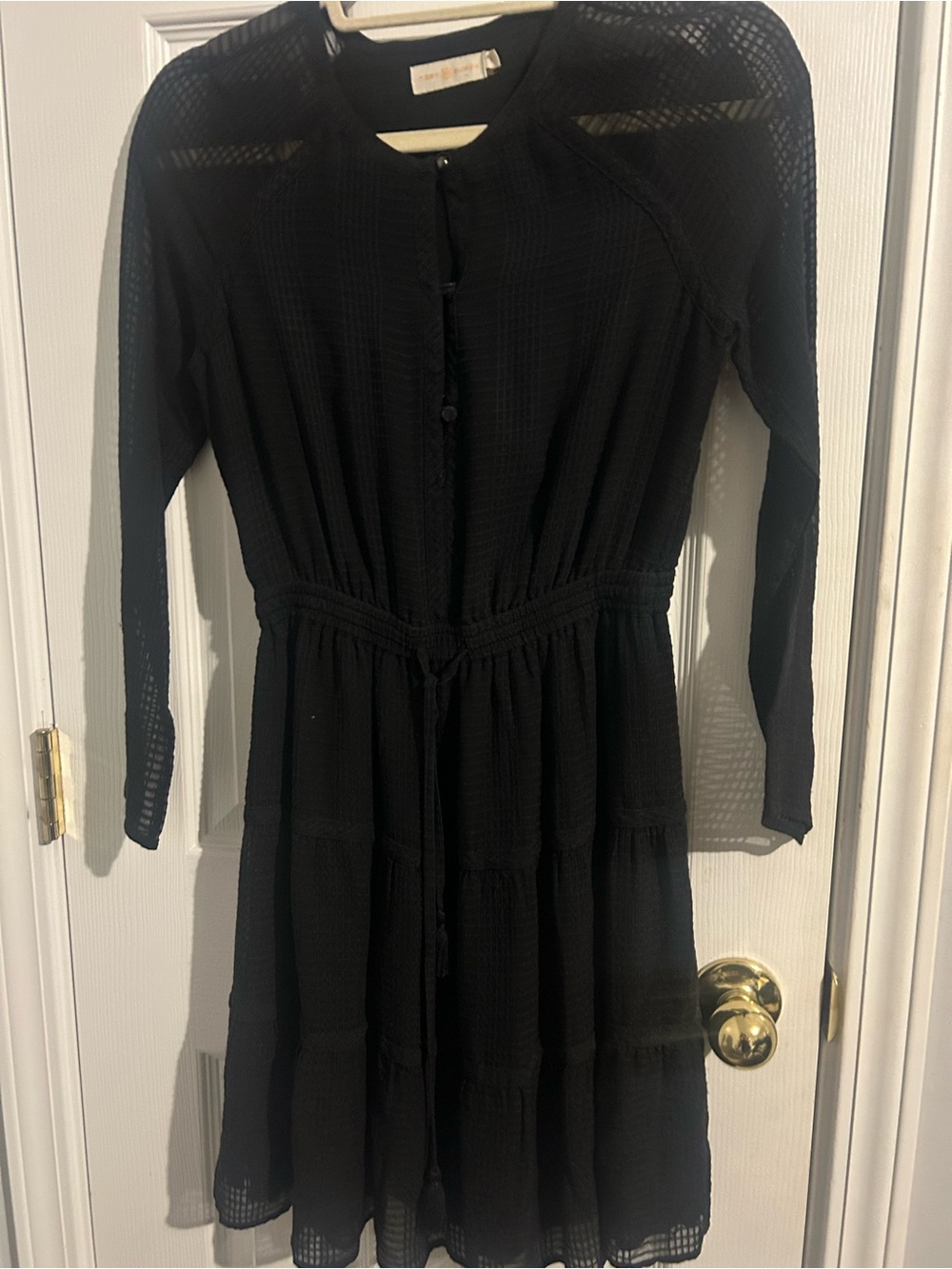 Tory Burch Black Silk Tiered Mini Dress Sheer Mesh Long Sleeve Size 2